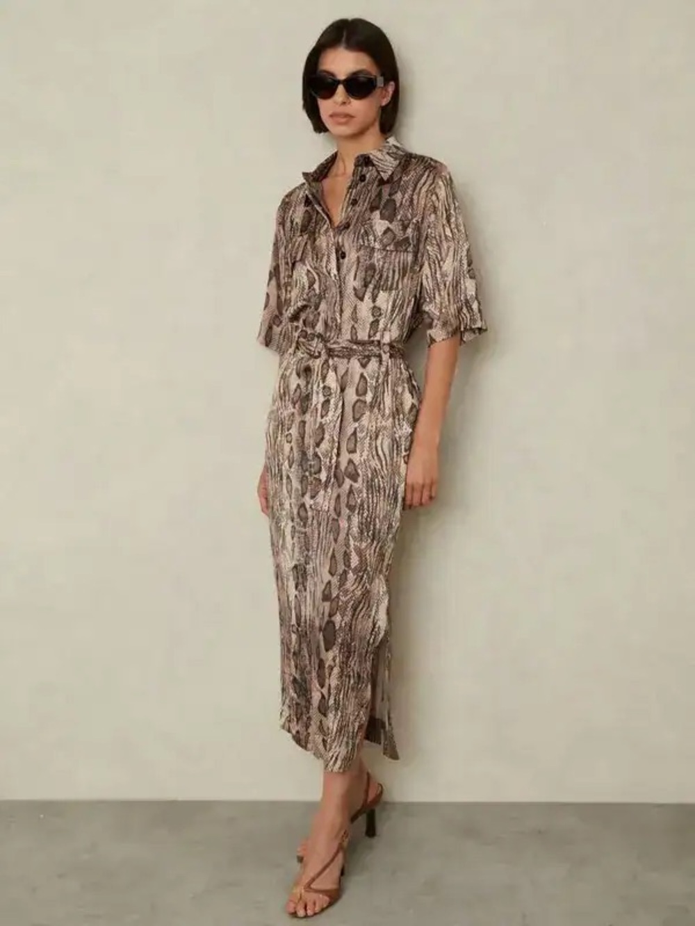 Reiss Farah Snake Printed Belted Midi Dress